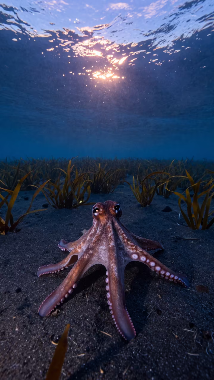 Mimic Octopus Icy Twilight Seagrass in above a seagrass meadow in Iceland