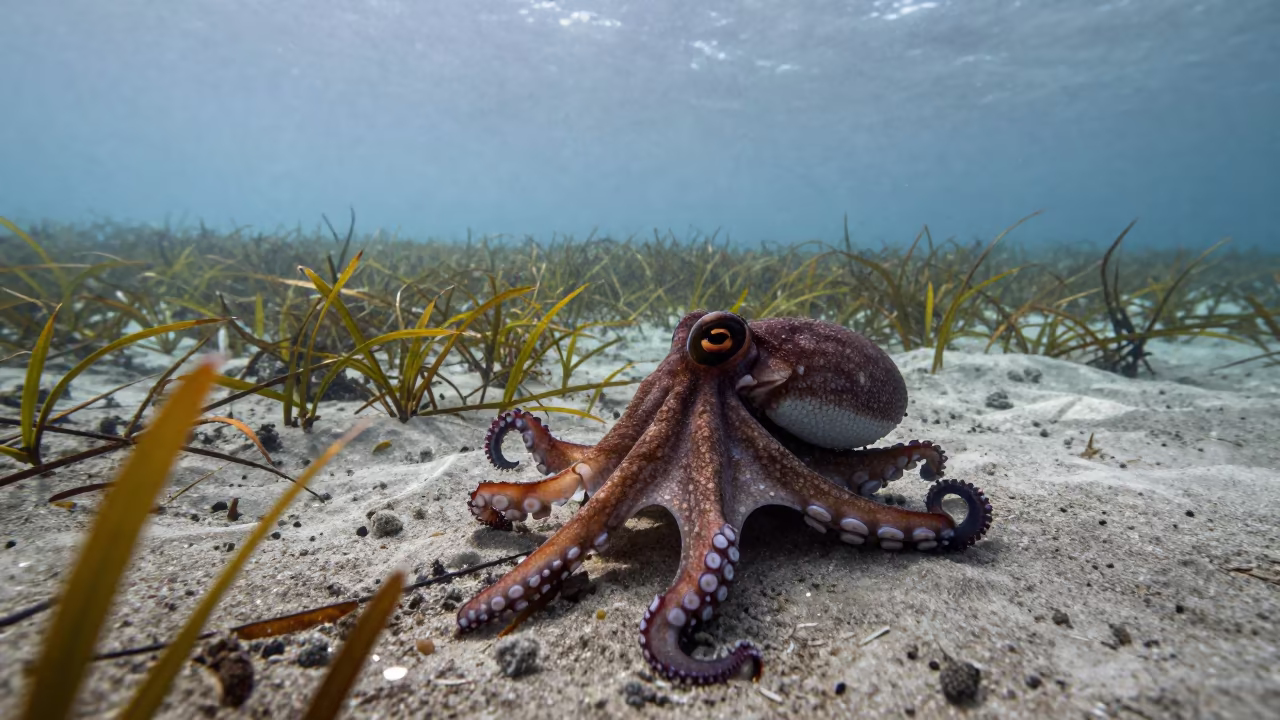 Mimic Octopus Shaping on Seagrass at Dawn in above a seagrass meadow near Mombasa