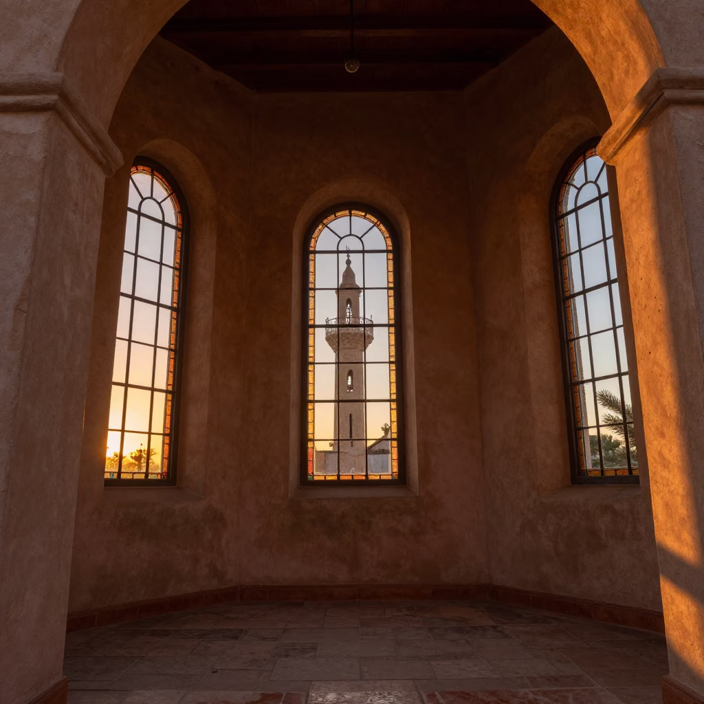 Minaret Silhouette Against Sunset in Chapel in in a chapel lit by stained glass in Tucson