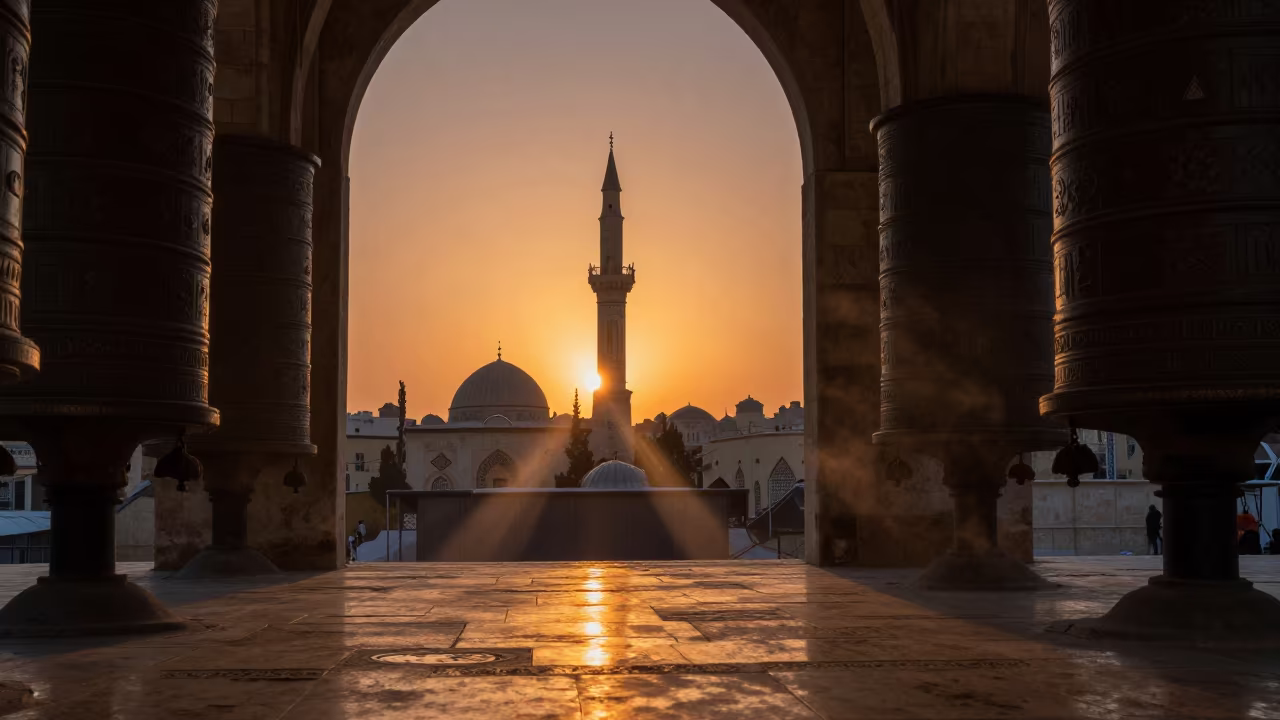 Minaret Silhouette and Sunset Light in Amman in beside a prayer wheel corridor in Amman