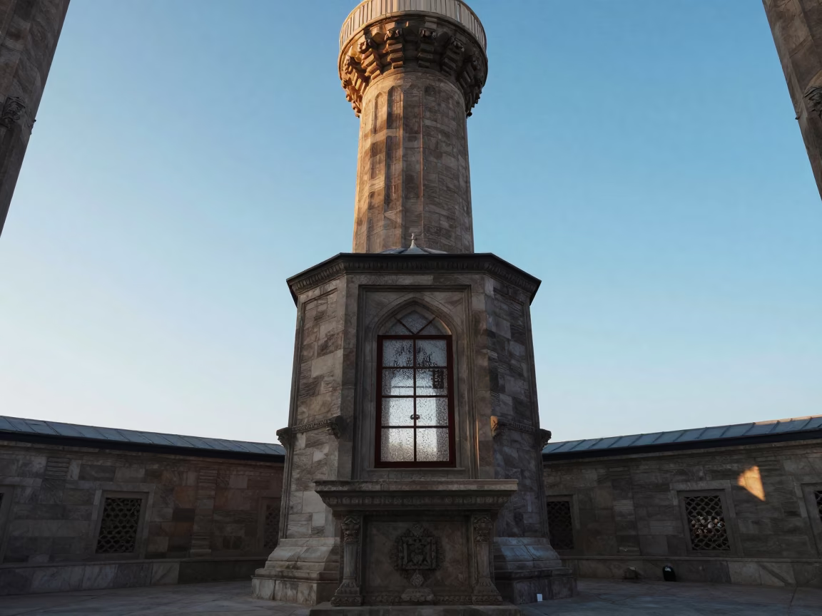 Minaret Tower Rising Against Blue Sky in at the foot of a stone altar in Riyadh