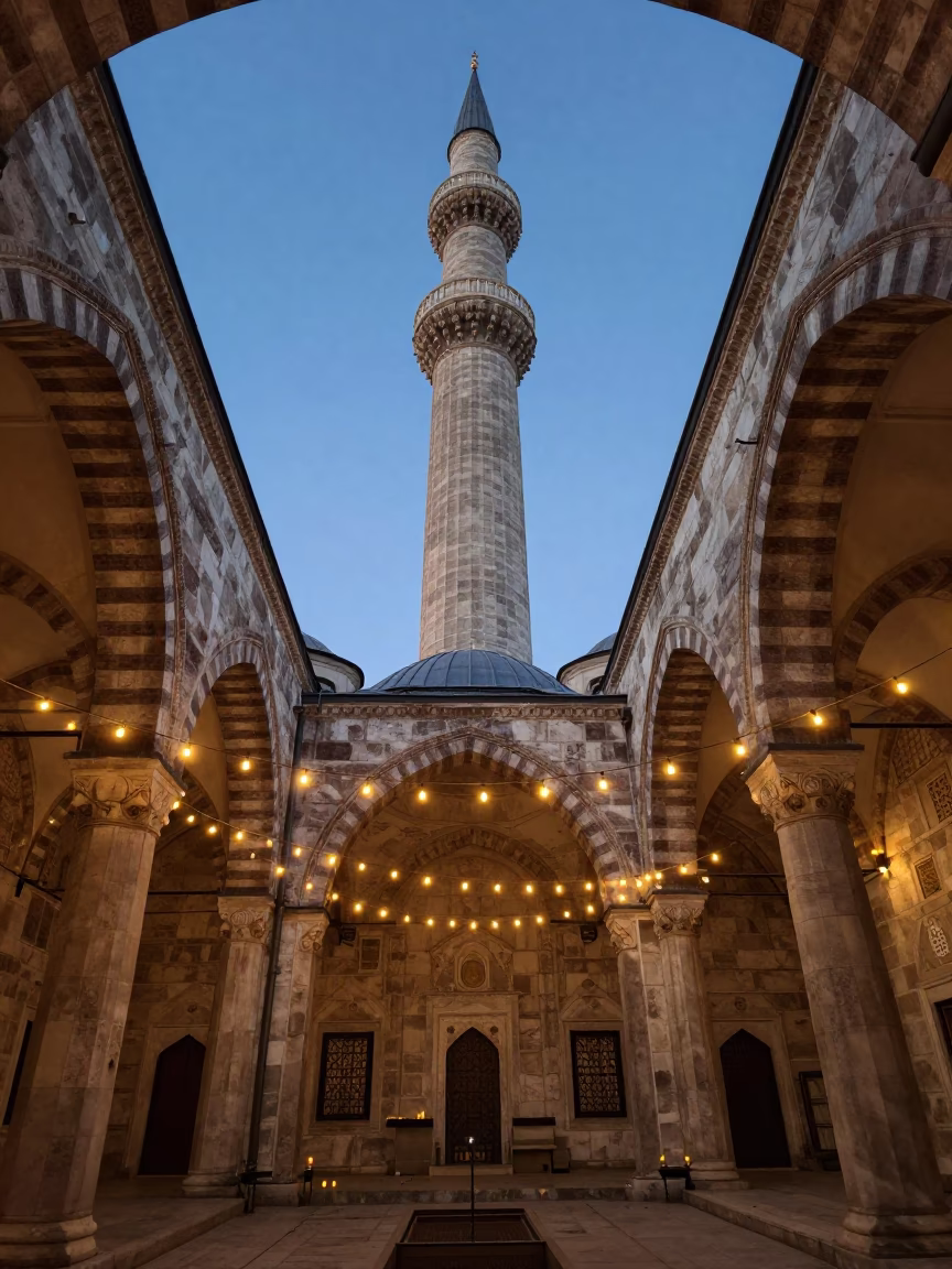 Minaret Tower Rising Against Twilight Sky in inside a candlelit nave in Windhoek