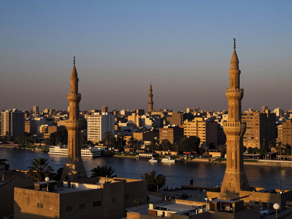 Minarets And Nile River Traffic From Urban Rooftop Terrace in Cairo in in Cairo, Egypt