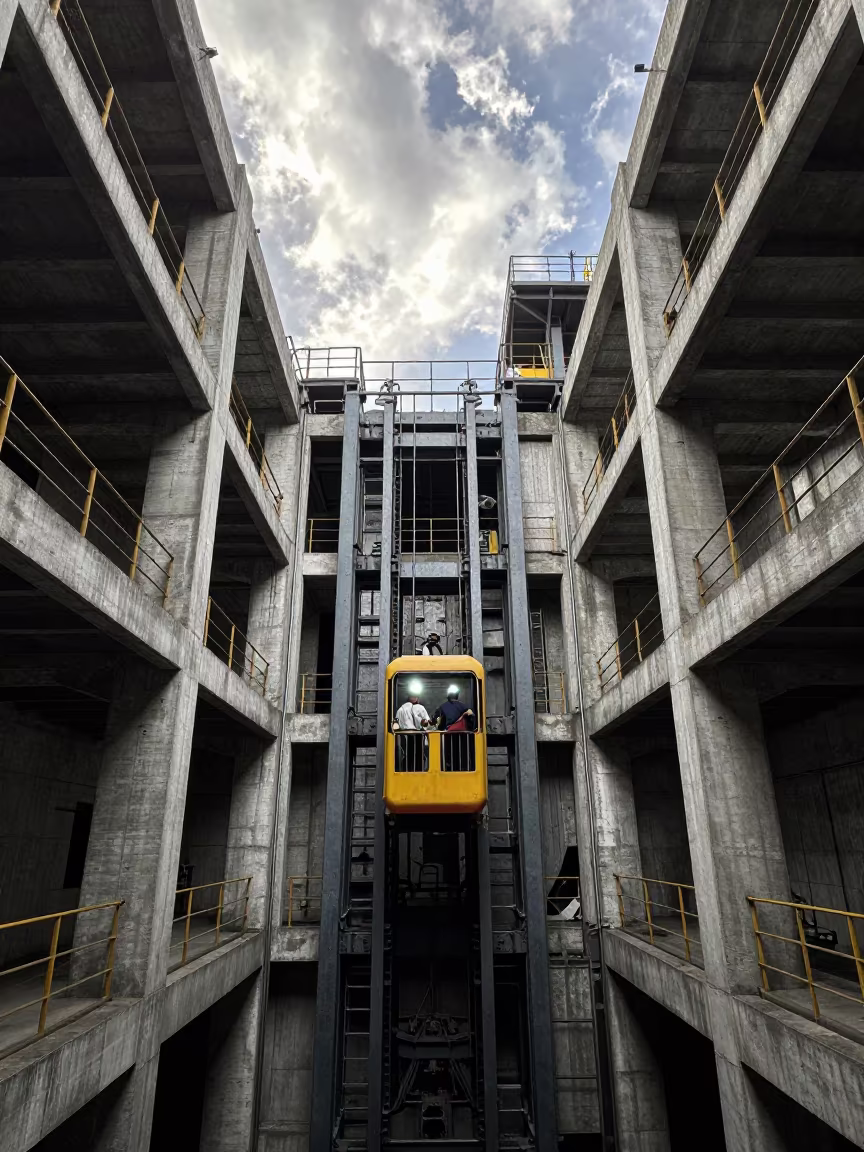 Mine Elevator Descending Steel Sumatra in beside exposed structural steel in Sumatra