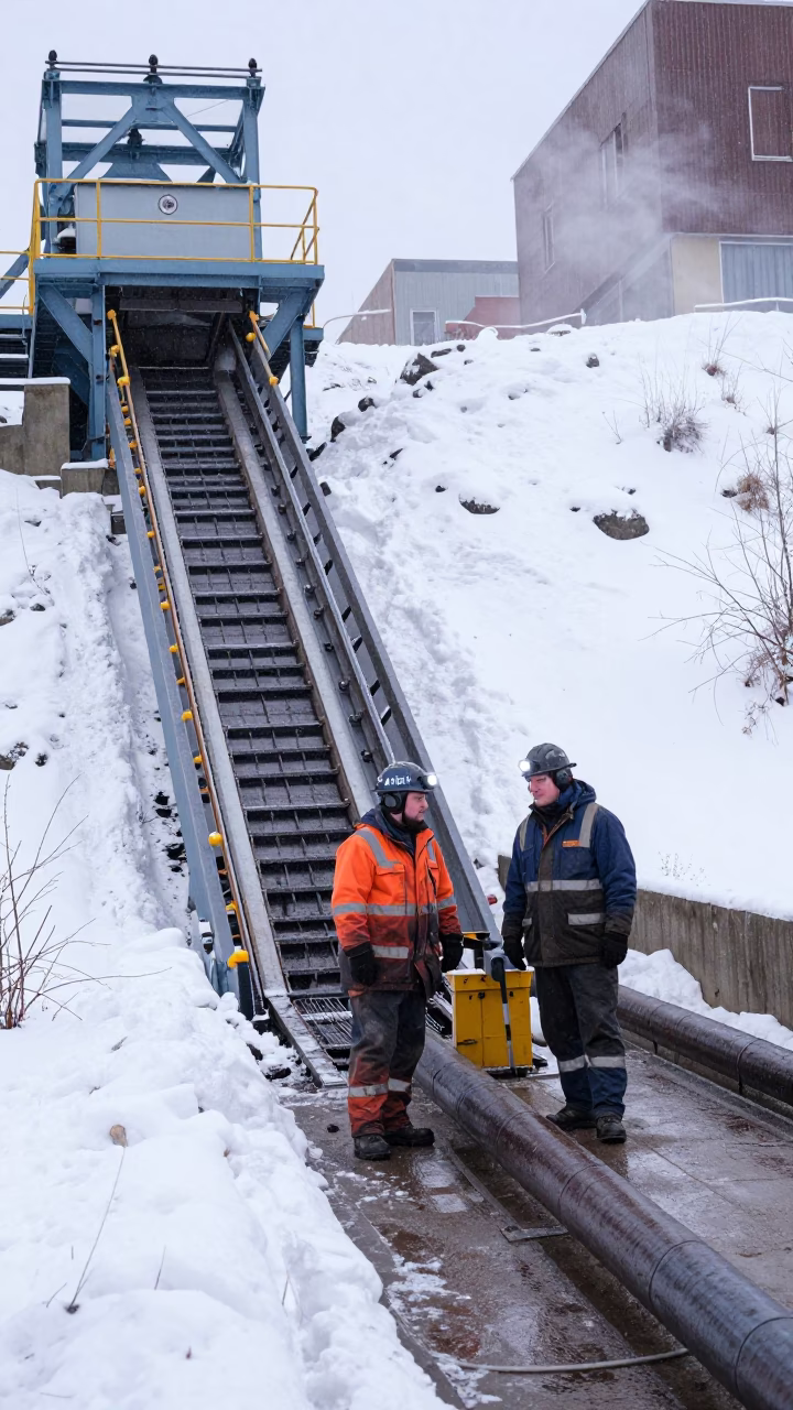 Mine Elevator Descending Winter Road Edmonton in along a service road lined with pipes near Edmonton