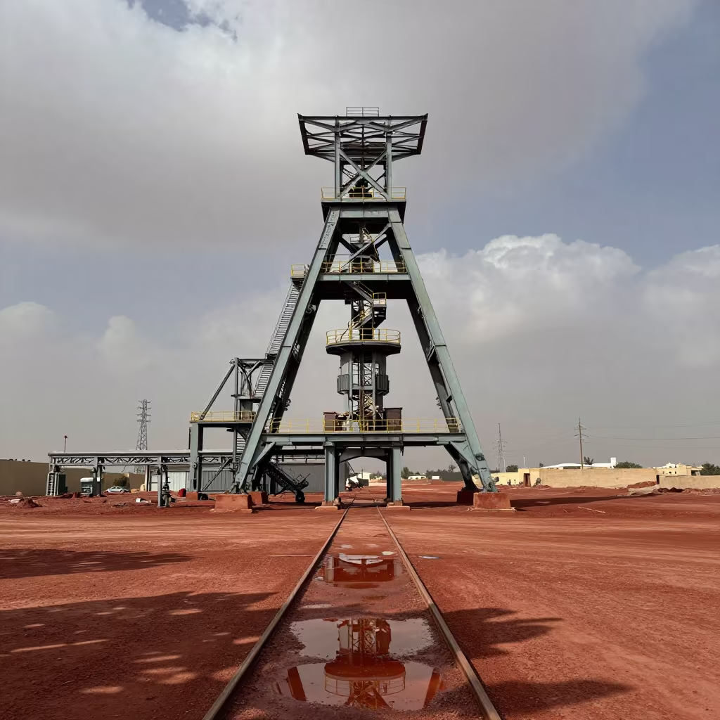 Mine Headframe Above Red Earth and Tracks in under gantries and utility towers near Riyadh