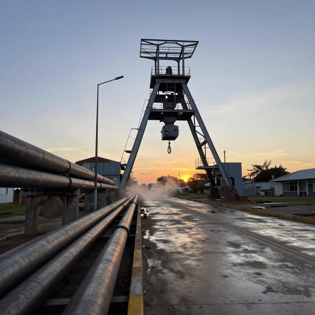 Mine Headframe Along Service Road in Merida in along a service road lined with pipes near Merida Venezuela