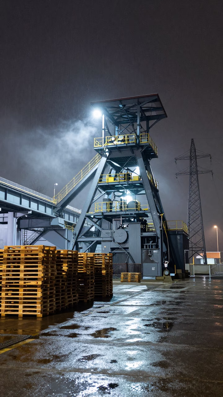 Mine Headframe Under Winter Monsoon Night in under gantries and utility towers near Trento