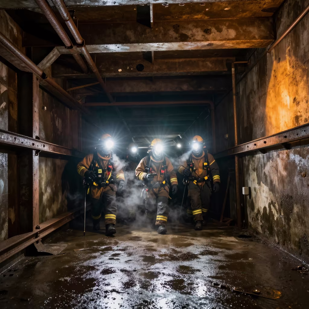 Mine Rescue Team Emerges From Tunnel in Amber Light in beside exposed structural steel in Guangdong