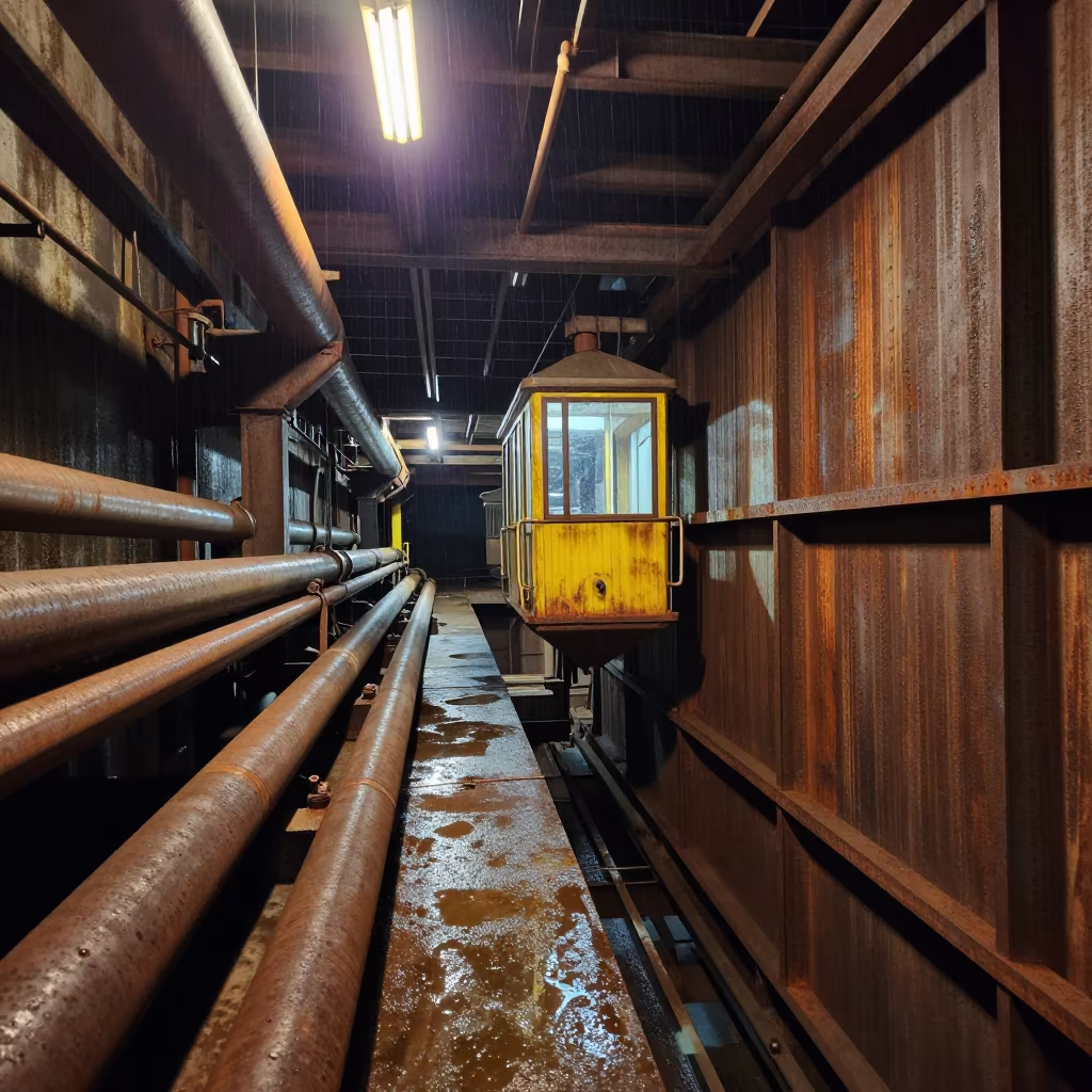 Mine Shaft Elevator Cage Descending at Dusk in along a service road lined with pipes in Alabama