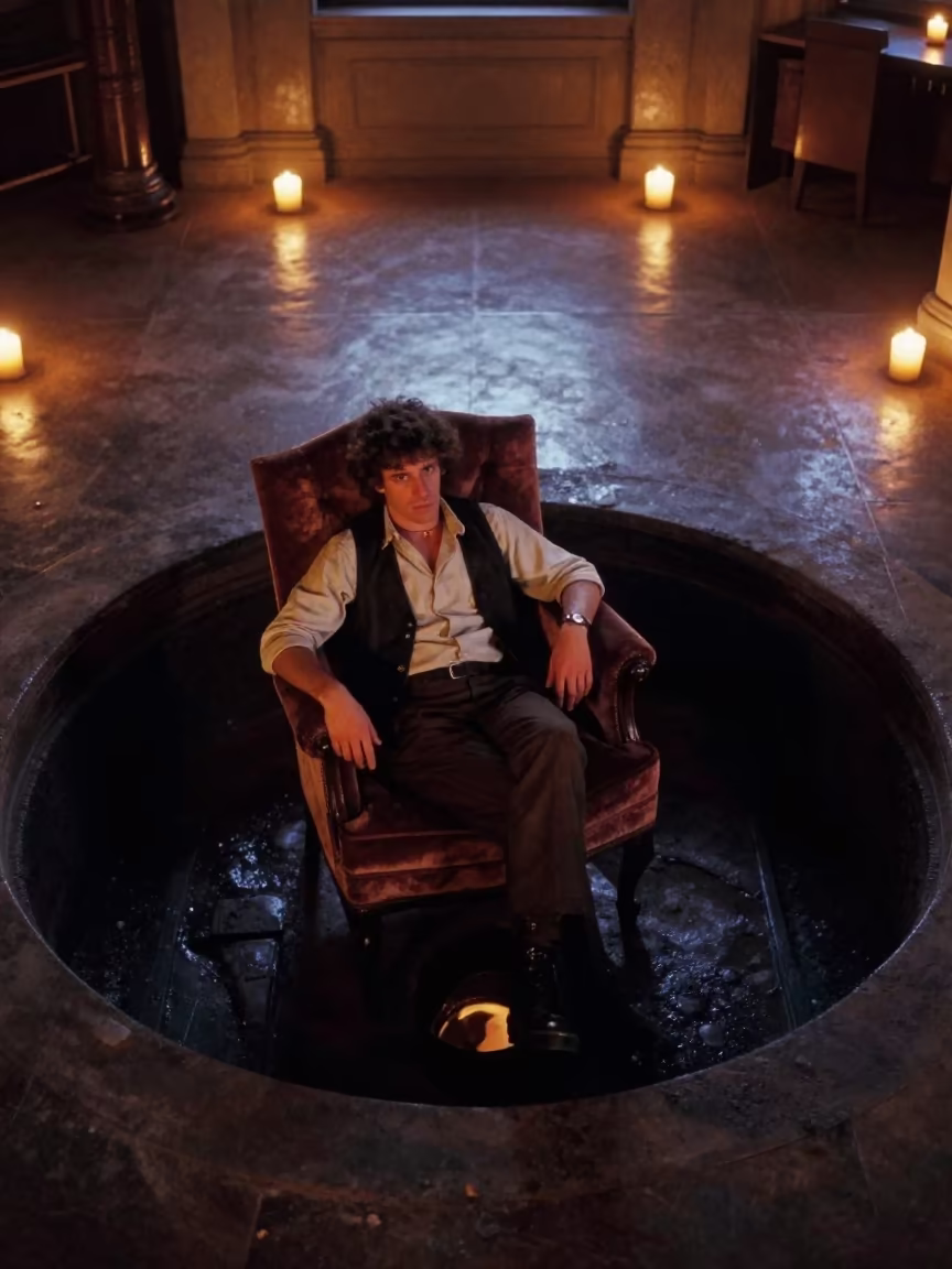 Miner on Velvet Chair in Houston Twilight in on a velvet chair in Houston