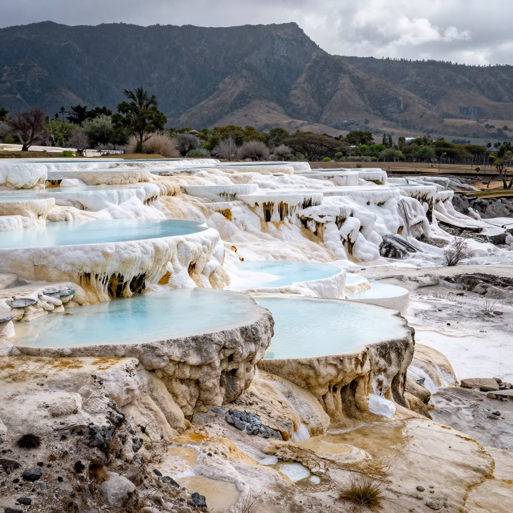 Mineral Blue Pools on Hawaiian Terraces After Rain in across a floodplain after rain in Hawaii