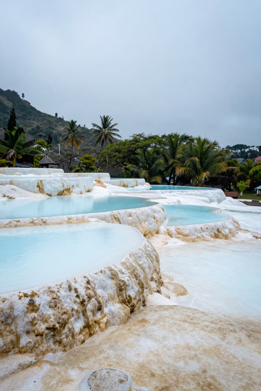 Mineral Blue Pools on Mauritius Travertine Terrace in across a wide valley floor in Mauritius