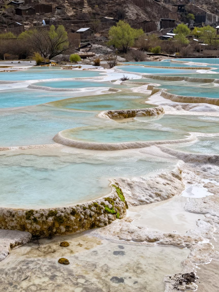 Mineral Blue Pools on Sichuan Travertine Terrace in across a wide valley floor in Sichuan