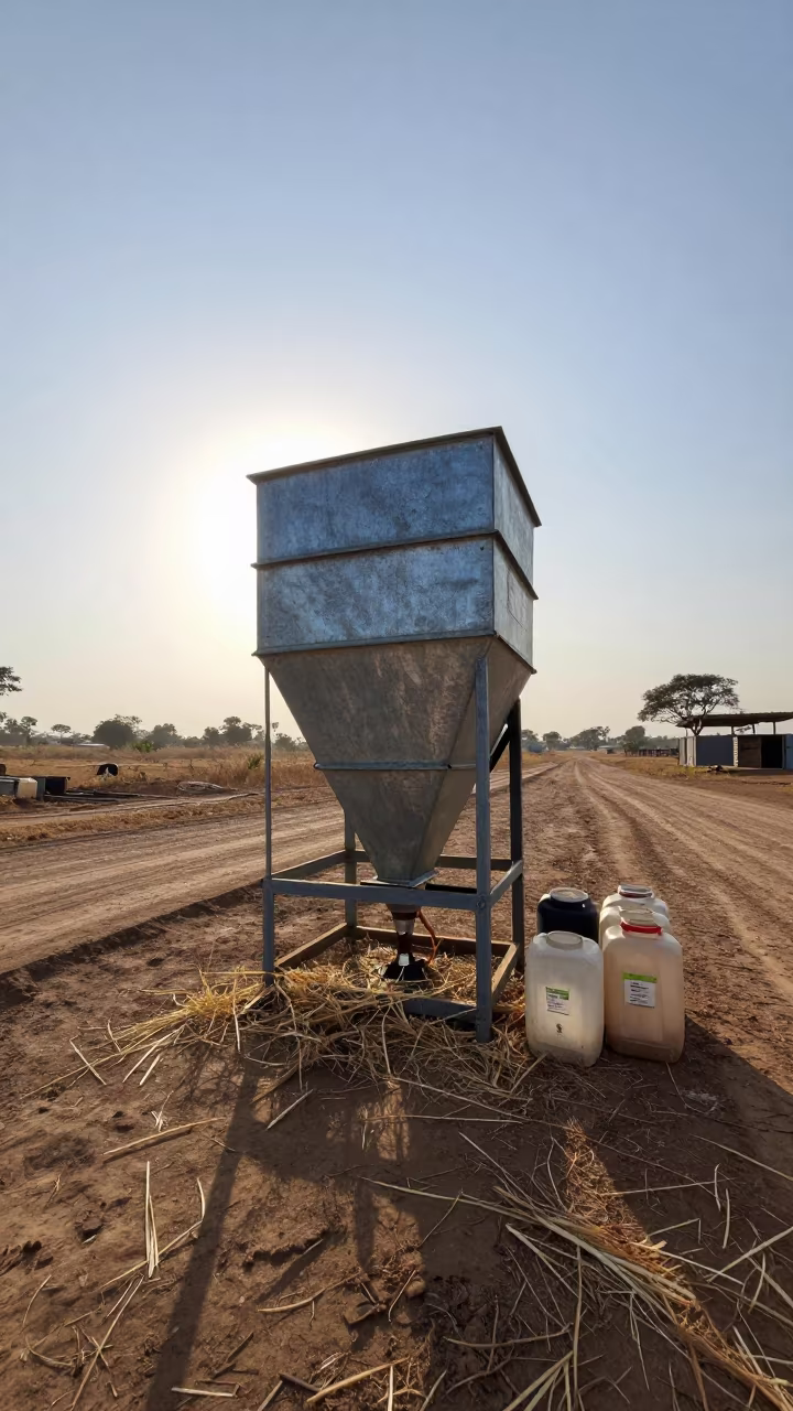 Mineral Feeder Stack in Dry Cameroonian Feedlot in along a feedlot lane in Cameroon