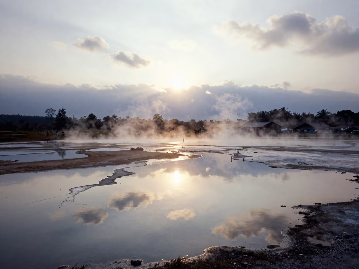 Mineral Rimmed Hot Spring Valley Morning Light in across a wide valley floor near Surabaya