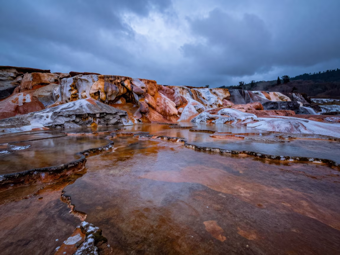 Mineral Terraces Glow in Indonesian Evening Light in in Indonesia