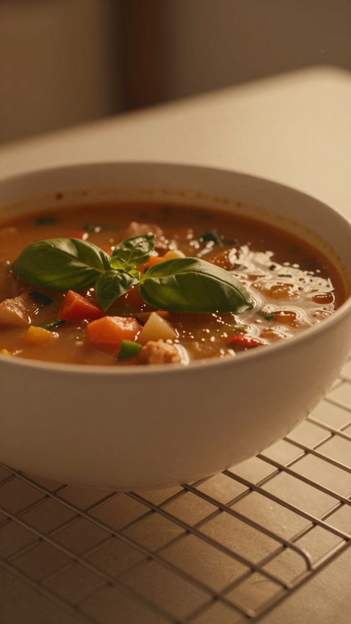Minestrone Bowl with Fresh Basil on Bakery Rack in on a bakery cooling rack in Barakaldo