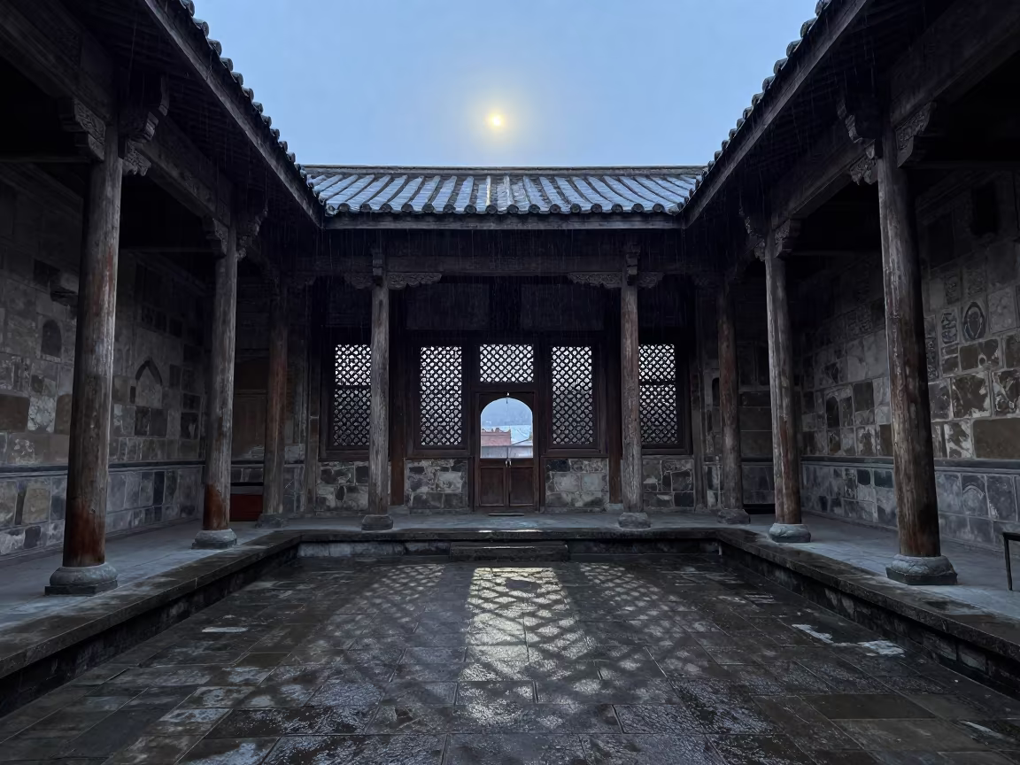 Ming Courtyard House Moonlit Atrium Before Dawn in inside a vaulted atrium near Kutaisi