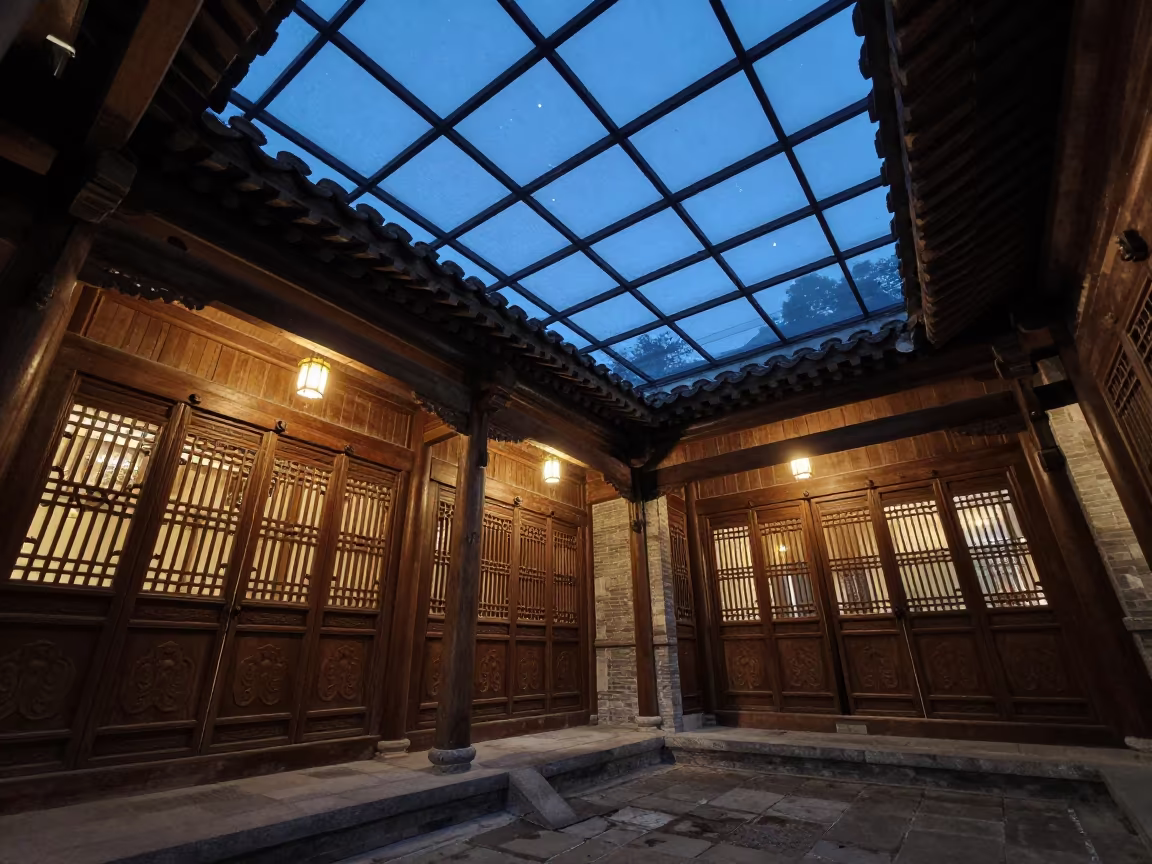 Ming Dynasty Courtyard House Night Lights in inside a glass-roofed arcade near Shymkent