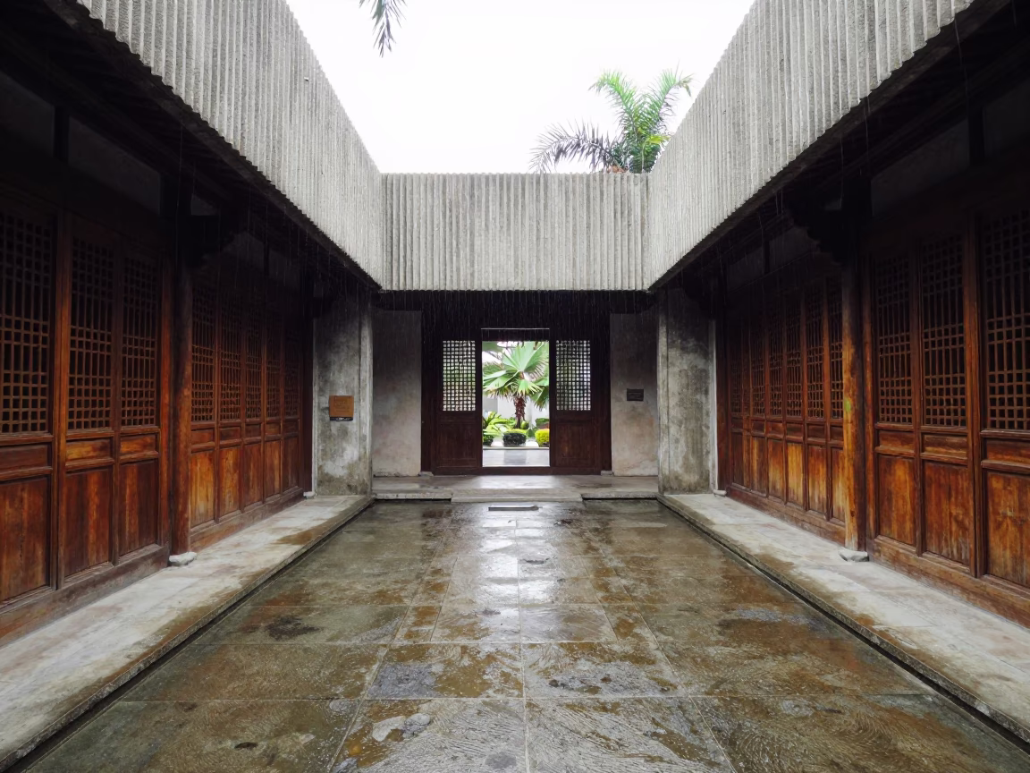 Ming Dynasty Lattice Screens in San Diego Concrete Lobby in inside a ribbed concrete lobby in San Diego