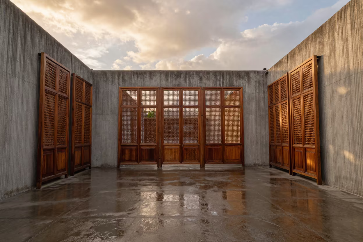 Ming Dynasty Lattice Screens in Concrete Lobby in inside a ribbed concrete lobby in Barranquilla