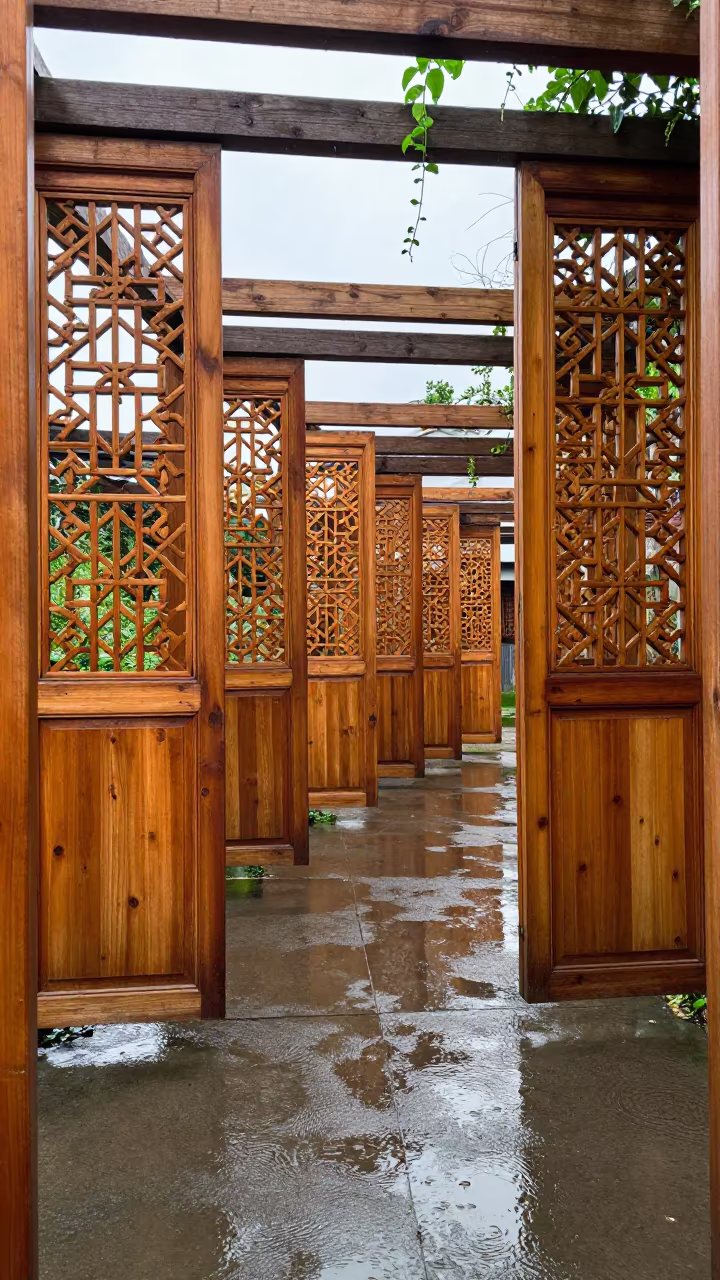 Ming Lattice Screens Reflected in Abidjan Skylight in inside a skylit passageway in Abidjan