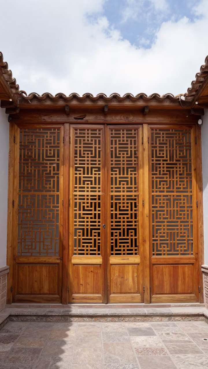 Ming Lattice Screens in Quetzaltenango Stair Hall in inside a tiled stair hall in Quetzaltenango