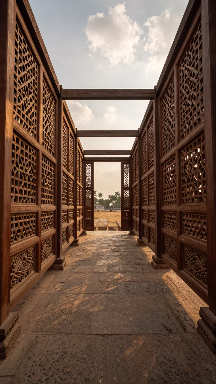 Ming Lattice Screens in Vijayapura Skylit Passageway in inside a skylit passageway in Vijayapura