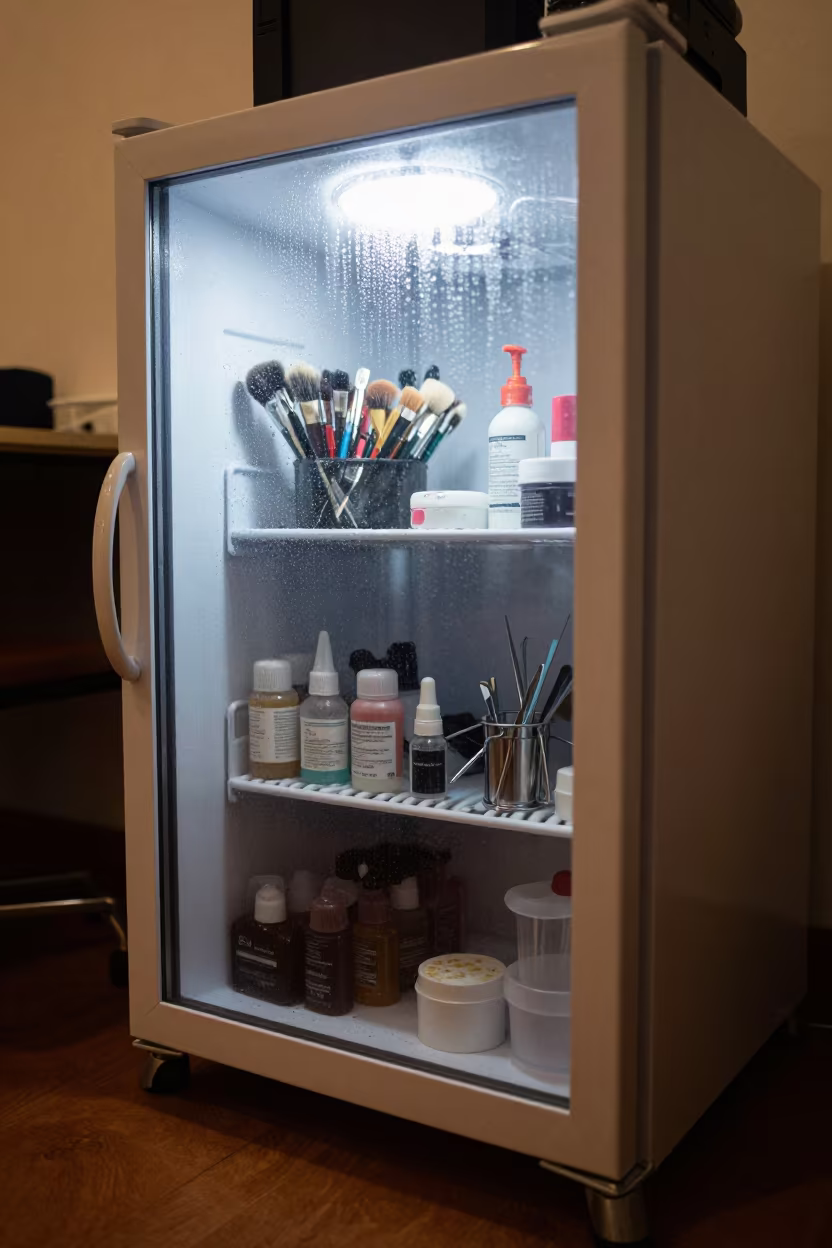 Mini Fridge Shelf with Brushes and Bottles in inside a nail studio in Solapur