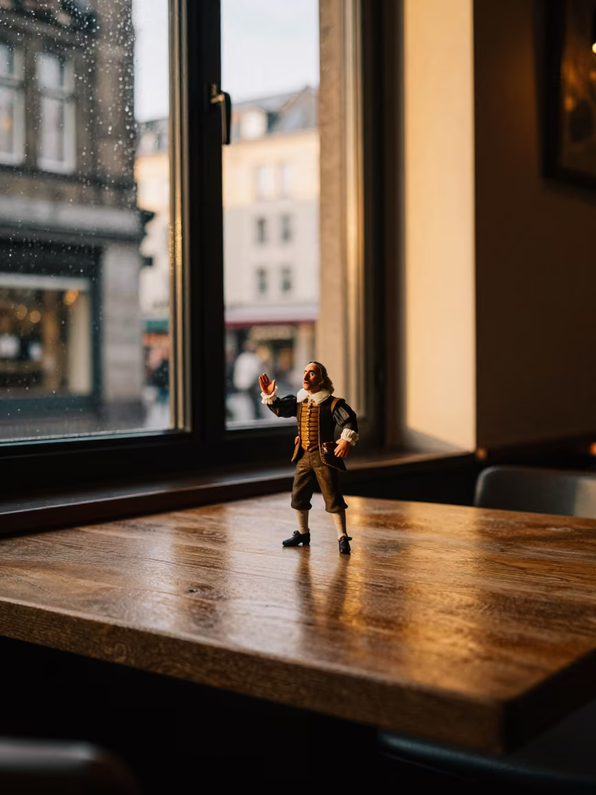 Miniature Actor Soliloquy on Cologne Cafe Table in on a cafe table by a window near Cologne