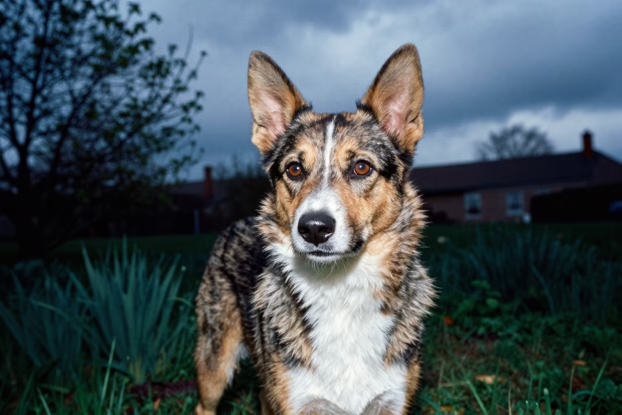 Miniature American Shepherd in Larissa Garden in near a garden edge with soft morning light and an uncluttered background in Larissa