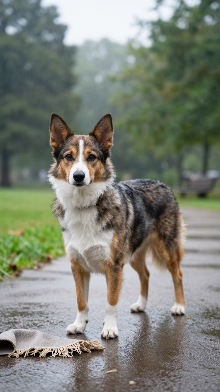 Miniature American Shepherd in Spring Rain Nis in along a quiet park path with soft open shade and a clean background near Nis