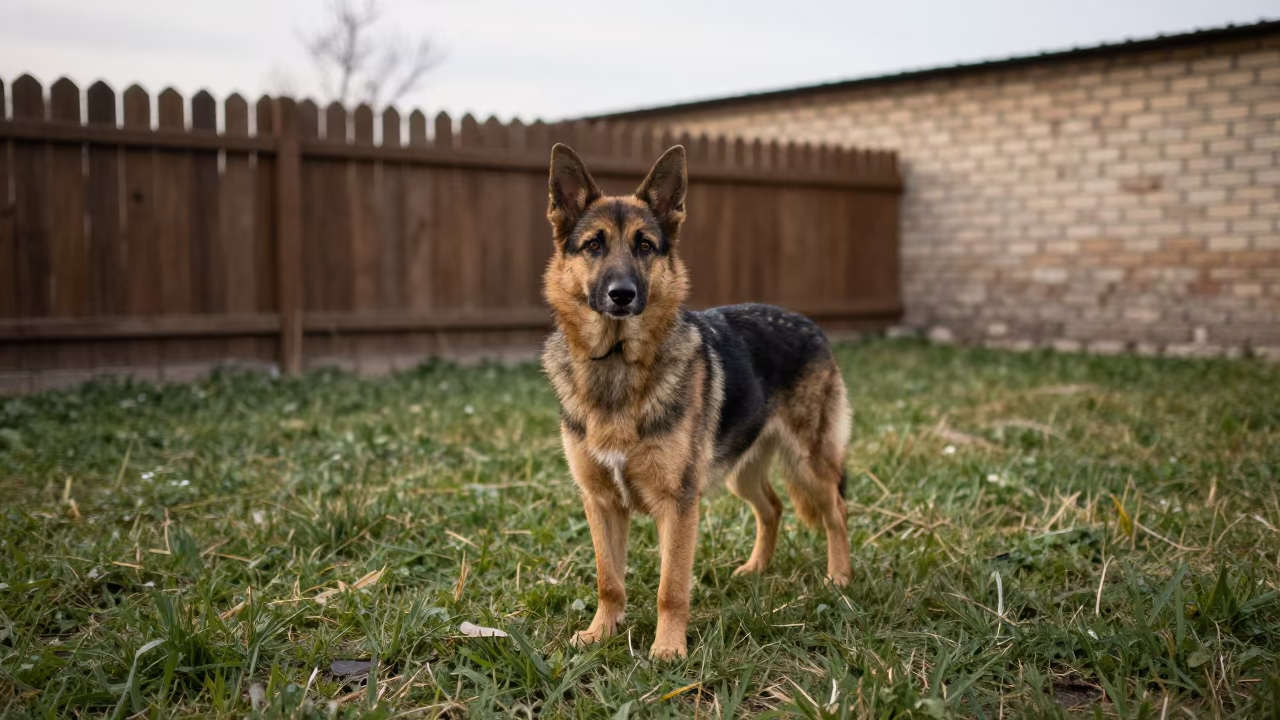 Miniature American Shepherd in Taldyqorğan Winter Yard in in a small yard with clipped grass, calm light, and the animal centered in frame in Taldyqorğan