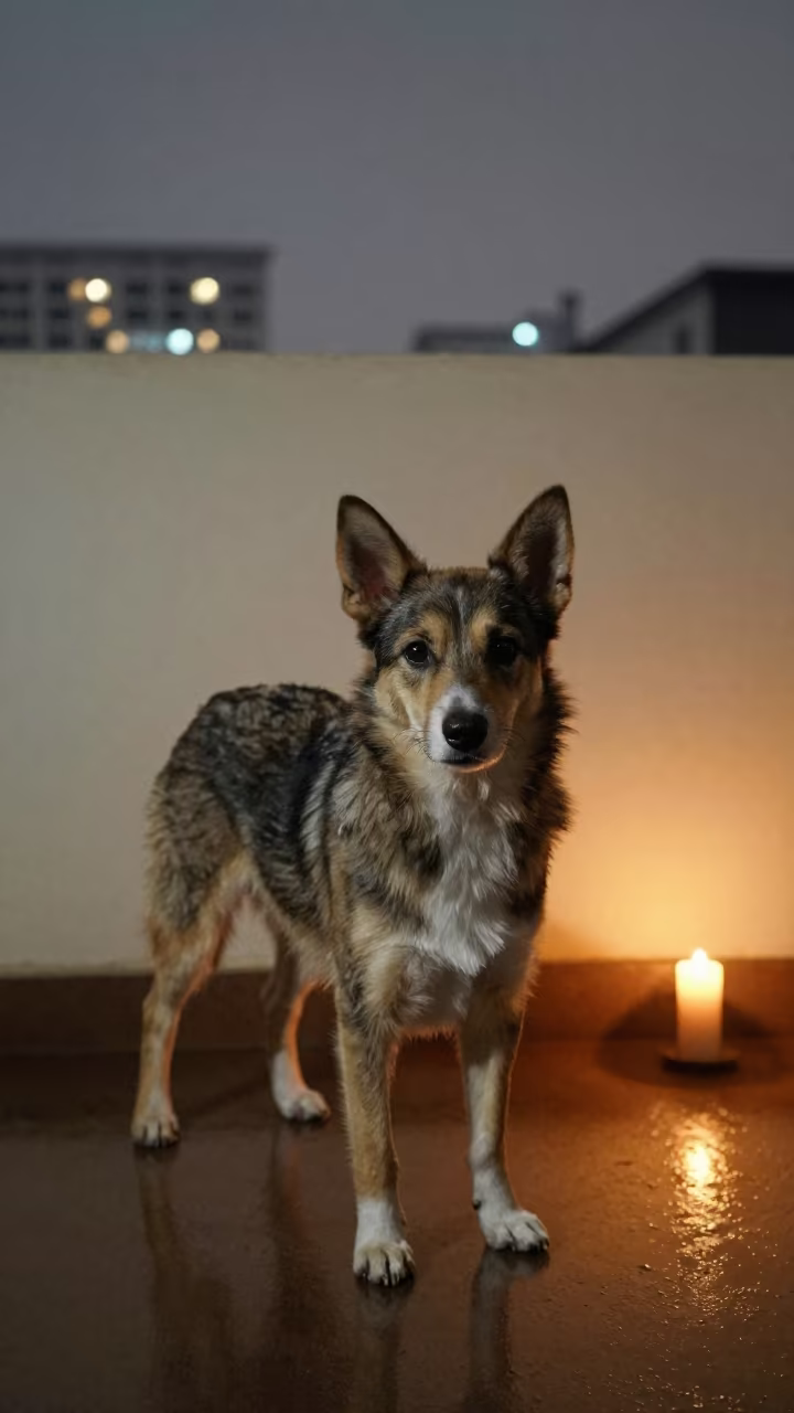 Miniature American Shepherd Indoor Portrait in beside a plain plaster wall in soft indoor light with the animal centered in frame in Lahad Datu