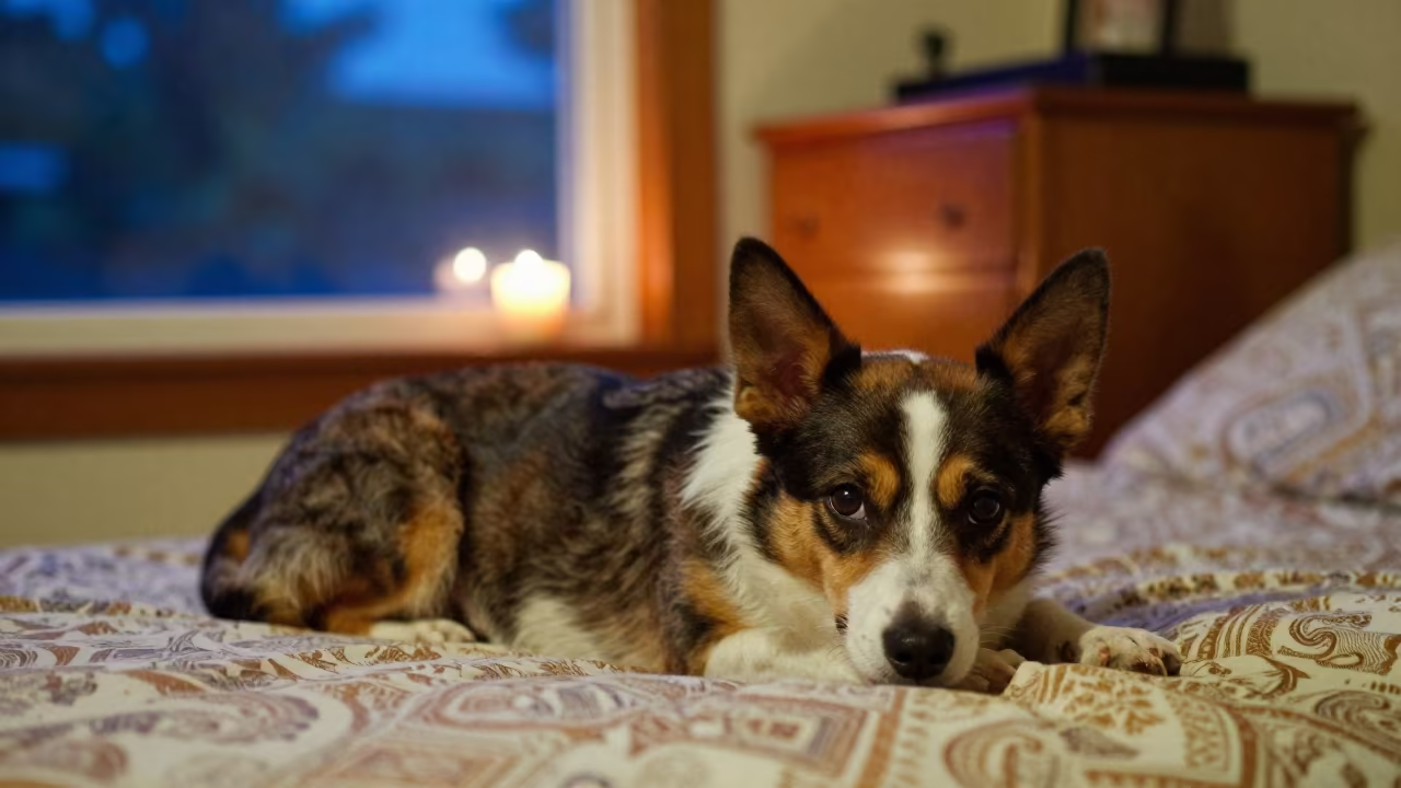 Miniature American Shepherd on Bedspread at Blue Hour in on a bedspread near a bright window with calm indoor light in Cebu