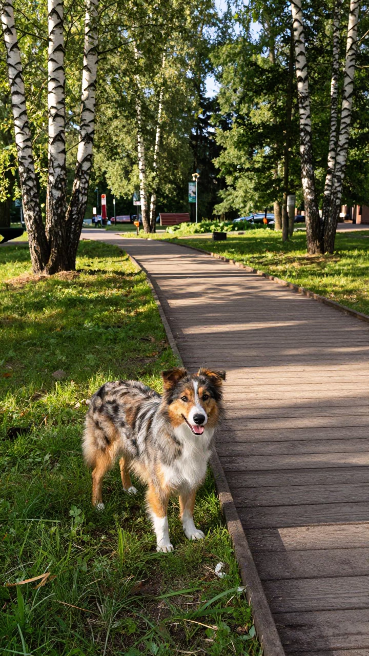 Miniature American Shepherd on Helsinki Pathside Verge in along a quiet park path with soft open shade and a clean background near Helsinki