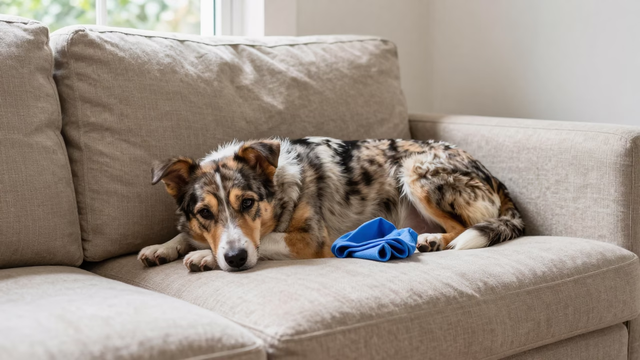 Miniature American Shepherd on Linen Sofa in Bangalore in on a linen sofa with daylight from a nearby window in Bangalore