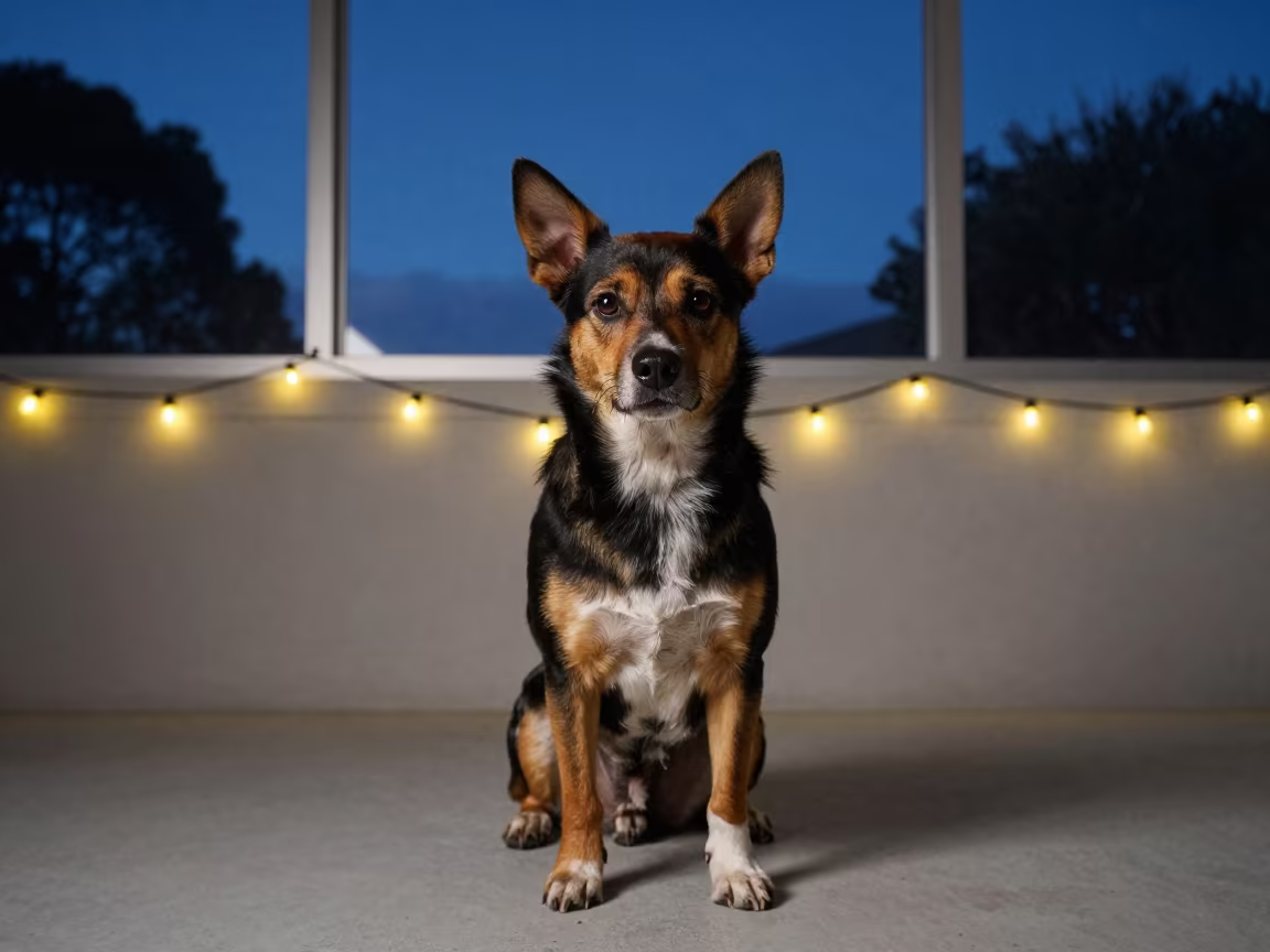 Miniature American Shepherd Portrait in Studio Twilight in in a quiet portrait studio with a plain backdrop and eye-level framing in Auckland