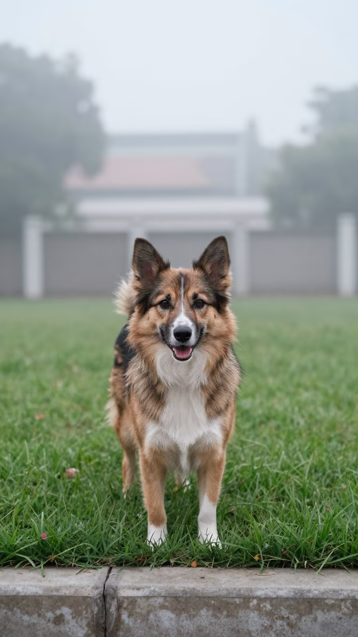 Miniature American Shepherd Portrait in Yangon Yard in in a small yard with clipped grass, calm light, and the animal centered in frame in Yangon