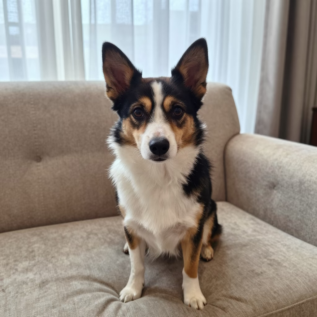Miniature American Shepherd Portrait on Sofa in on a sofa near a curtained window with calm indoor light near Southampton