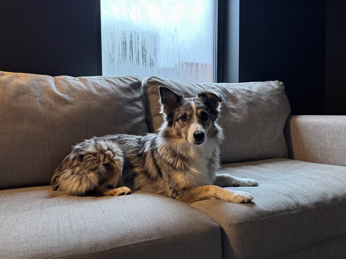 Miniature American Shepherd Resting on Linen Sofa in on a linen sofa with daylight from a nearby window in Nantes