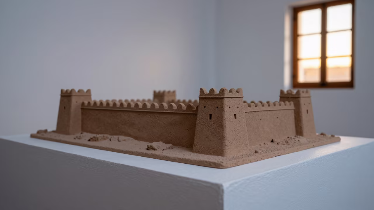 Miniature Berber Kasbah on Ledge in Queretaro in on a painted display ledge in Queretaro