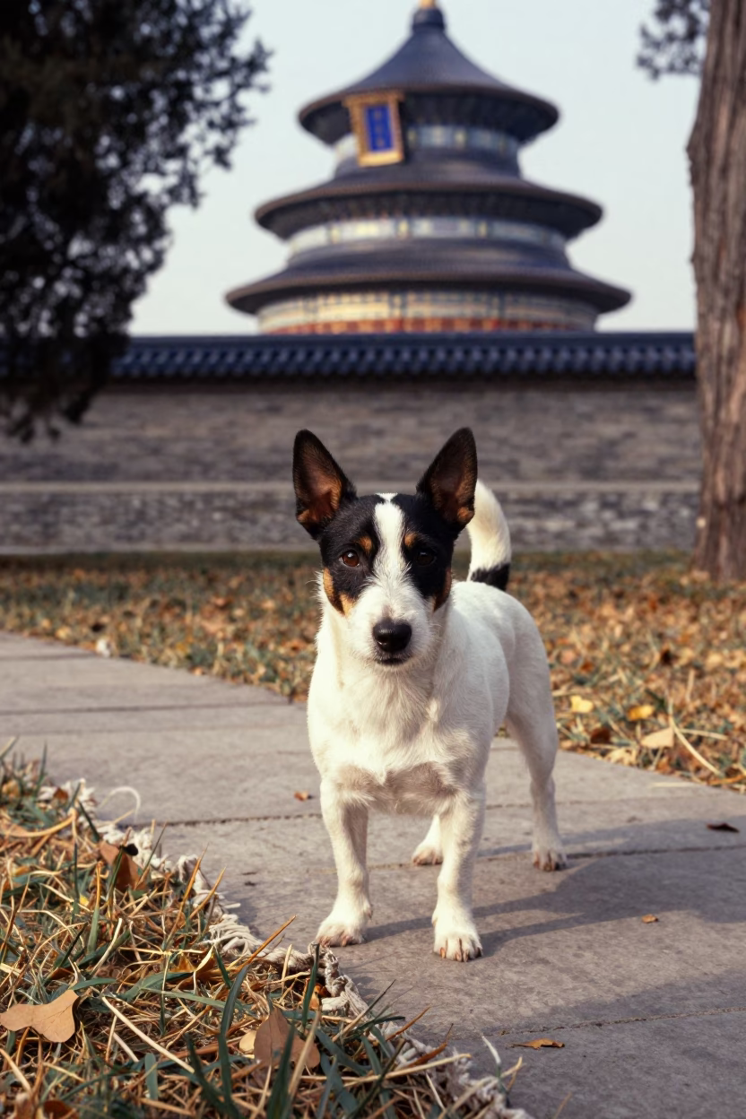 Miniature Bull Terrier on Beijing Park Path in along a quiet park path with soft open shade and a clean background in Beijing