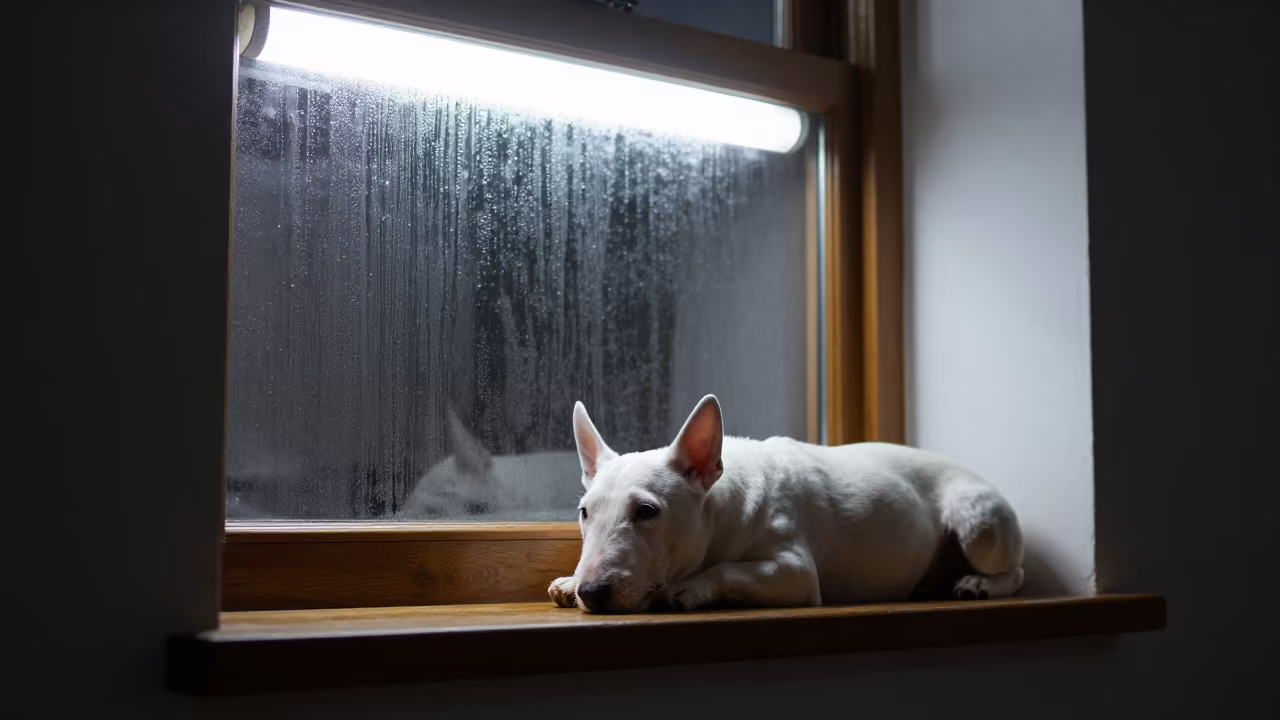 Miniature Bull Terrier on Window Seat at Dawn in on a window seat in a quiet apartment with soft side light in Matamoros