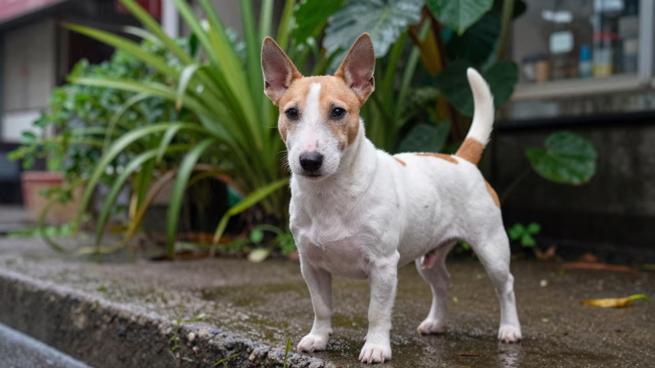 Miniature Bull Terrier Portrait in Tainan Garden Rain in near a garden edge with soft morning light and an uncluttered background near Tainan