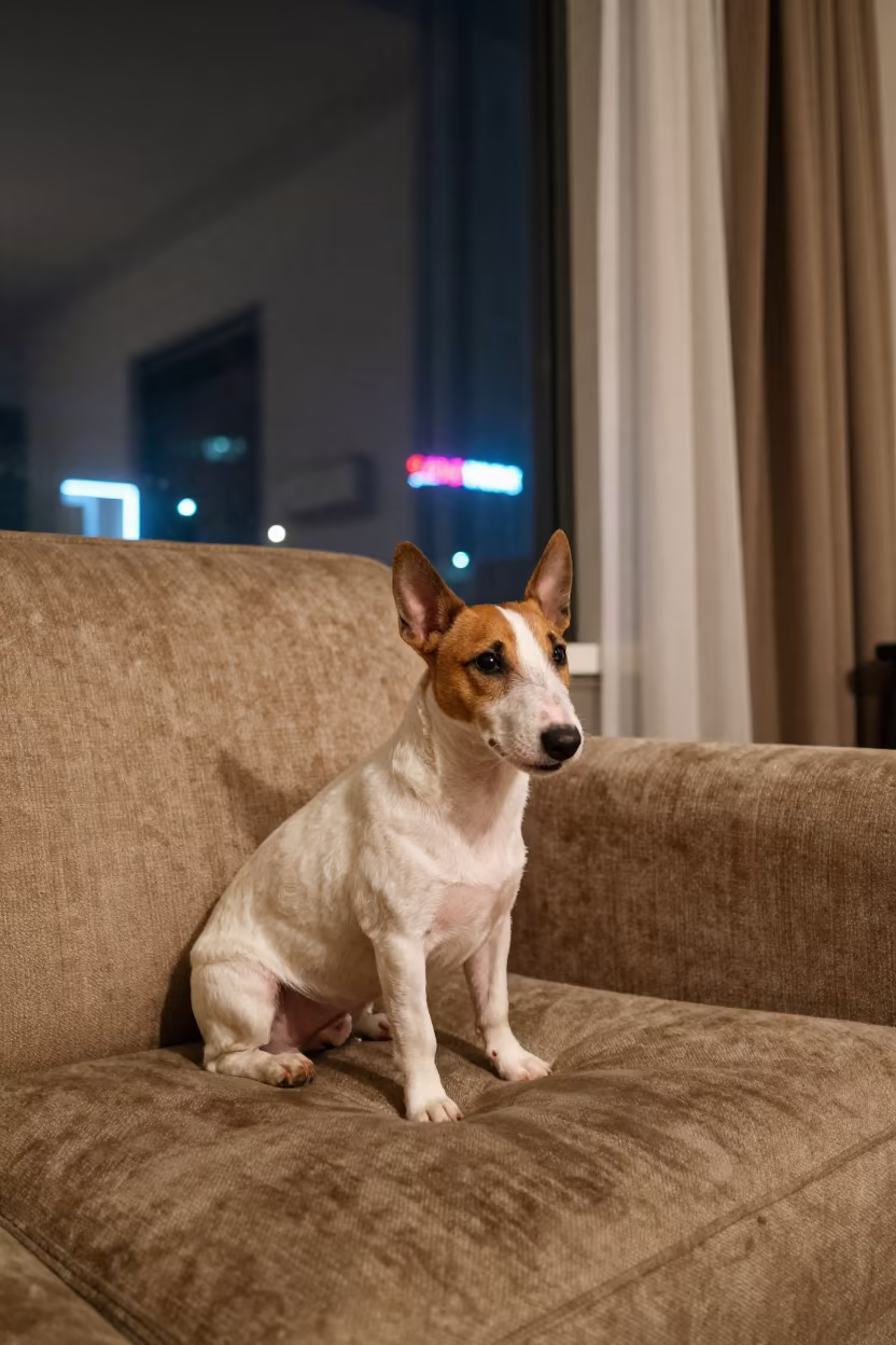 Miniature Bull Terrier Portrait Near Istanbul Window in on a sofa near a curtained window with calm indoor light near Istanbul