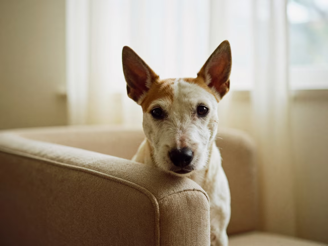 Miniature Bull Terrier Portrait Perth Midday in on a sofa near a curtained window with calm indoor light in Perth