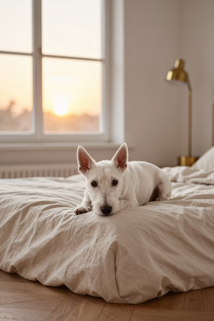 Miniature Bull Terrier Resting on Bedspread in Ajmer in on a bedspread near a bright window with calm indoor light in Ajmer