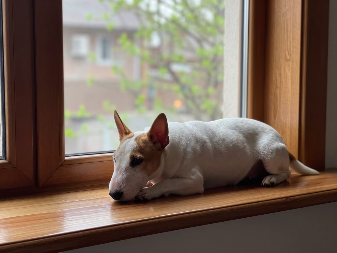 Miniature Bull Terrier Resting on Window Seat in on a window seat in a quiet apartment with soft side light in Mirpur